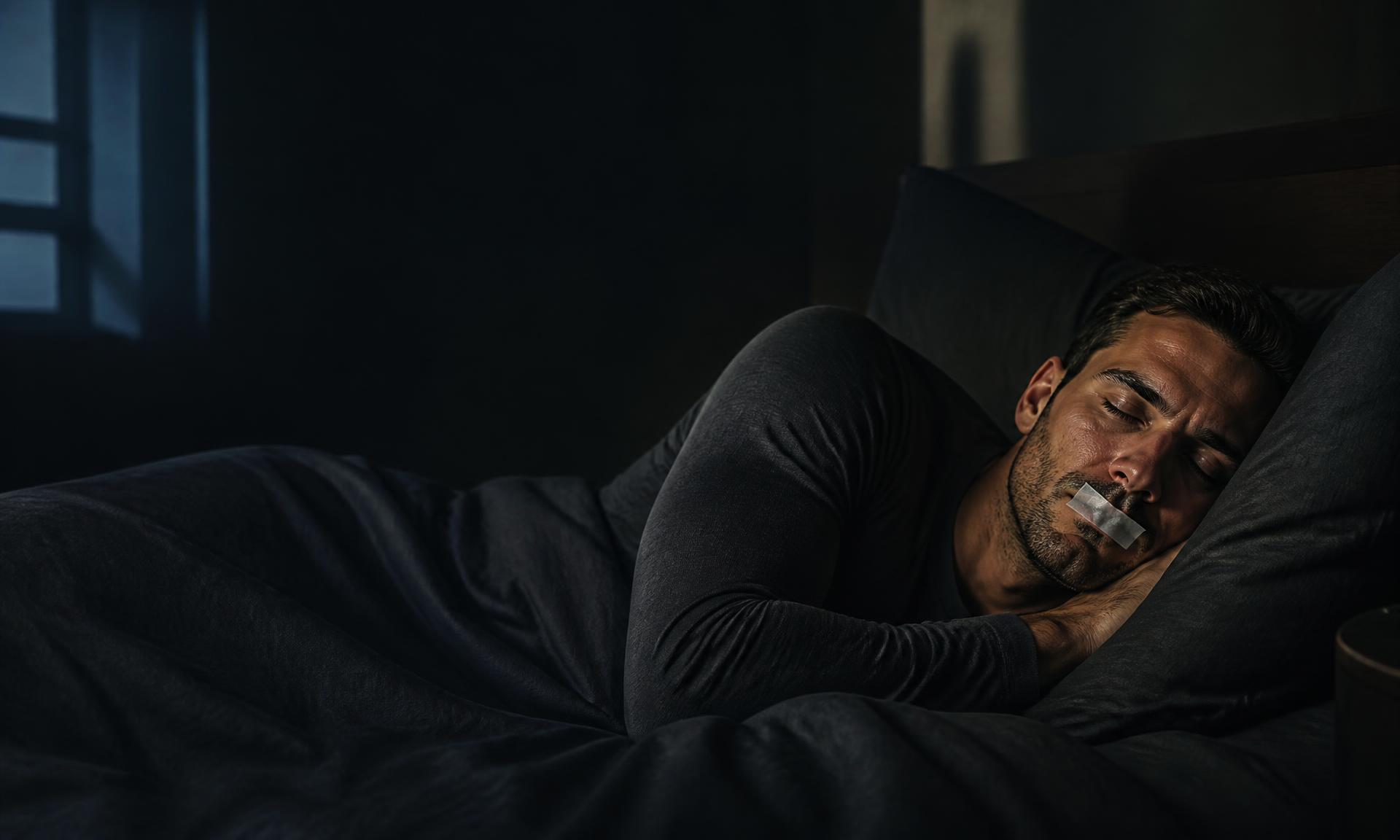 Athlete asleep in a dark bedroom wearing VITAL mouth tape over closed lips